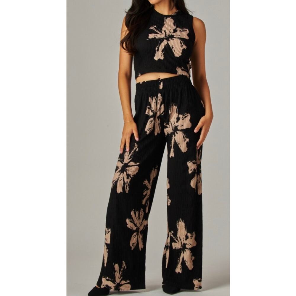 Black Floral Wide-Leg Set with Beige Print